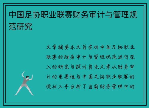 中国足协职业联赛财务审计与管理规范研究